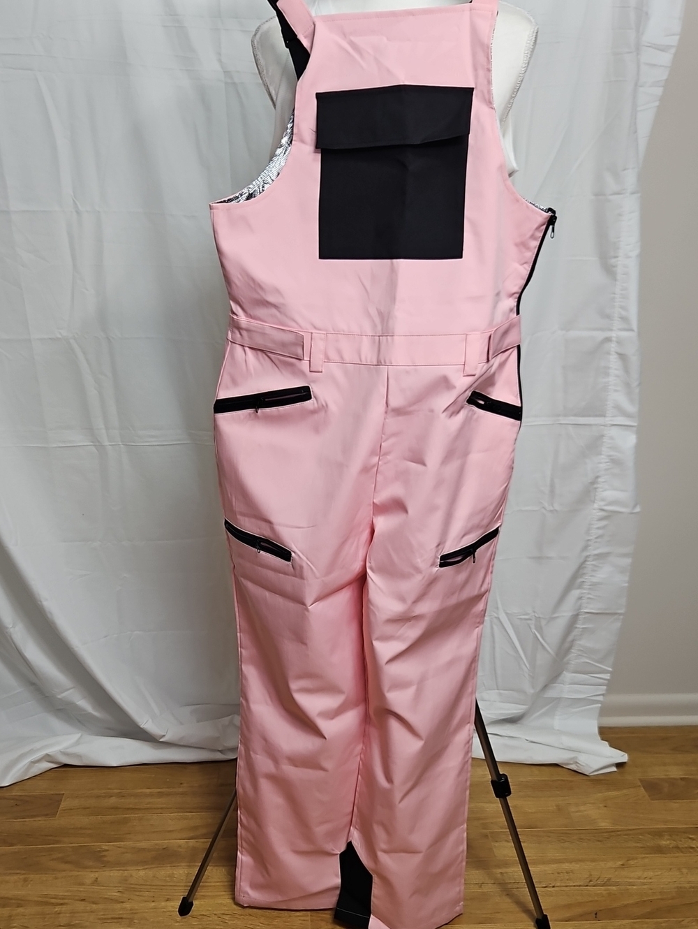 Pink Women's Bib Overalls Jumpsuit with Black Pocket Accents